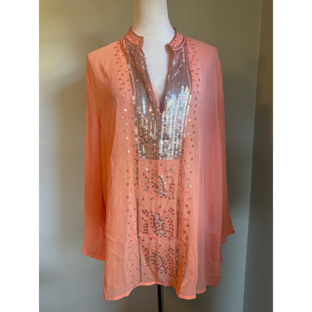 Cervelle Coral Sequin Embroidered Tunic Top Large Boho beach resort whimsi sheer - Picture 2 of 6
